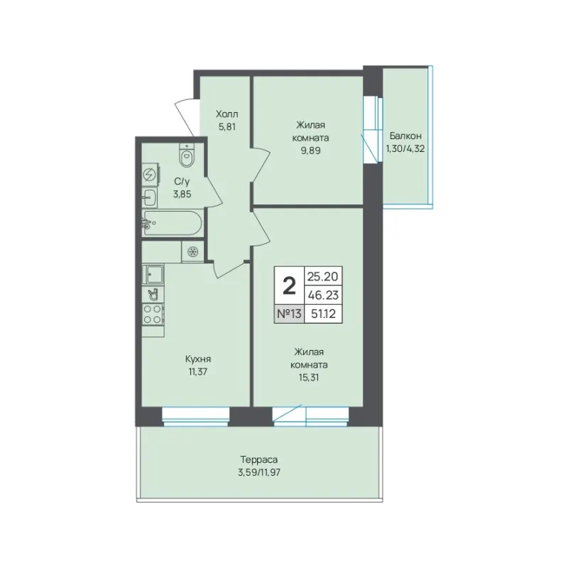 2-комн. 51.1 м²