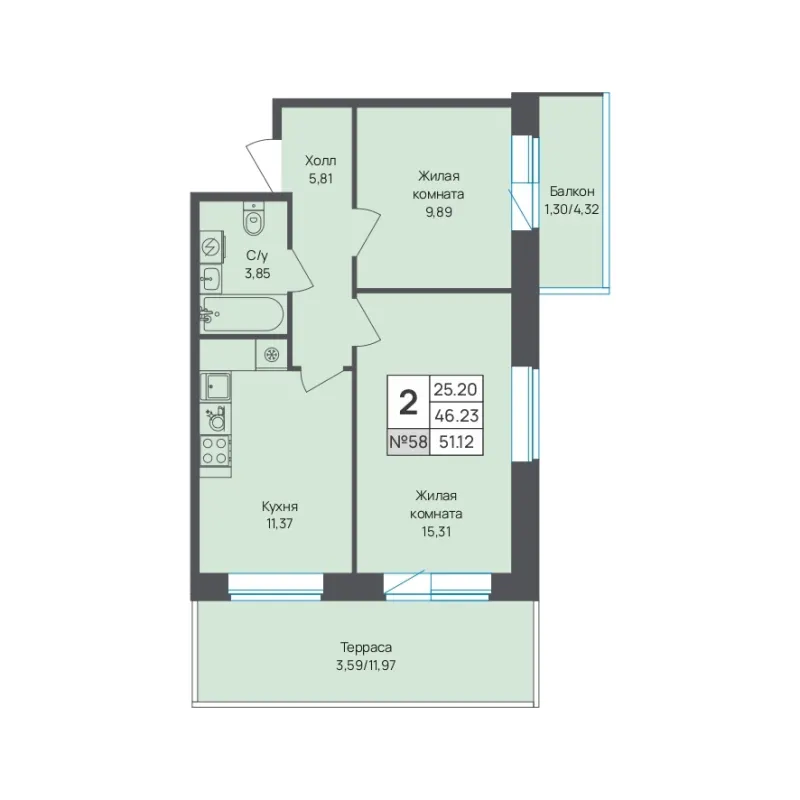 2-комн. 51.1 м²