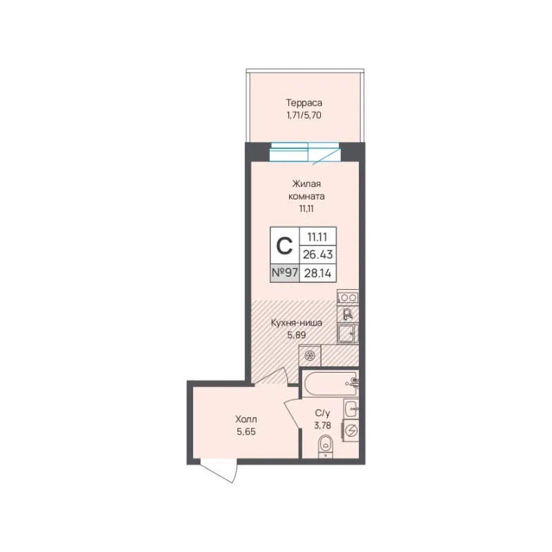 Студия 28.1 м²