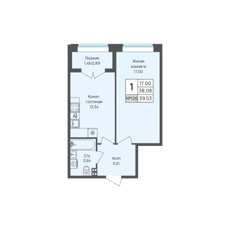 1-комн. 39.5 м²
