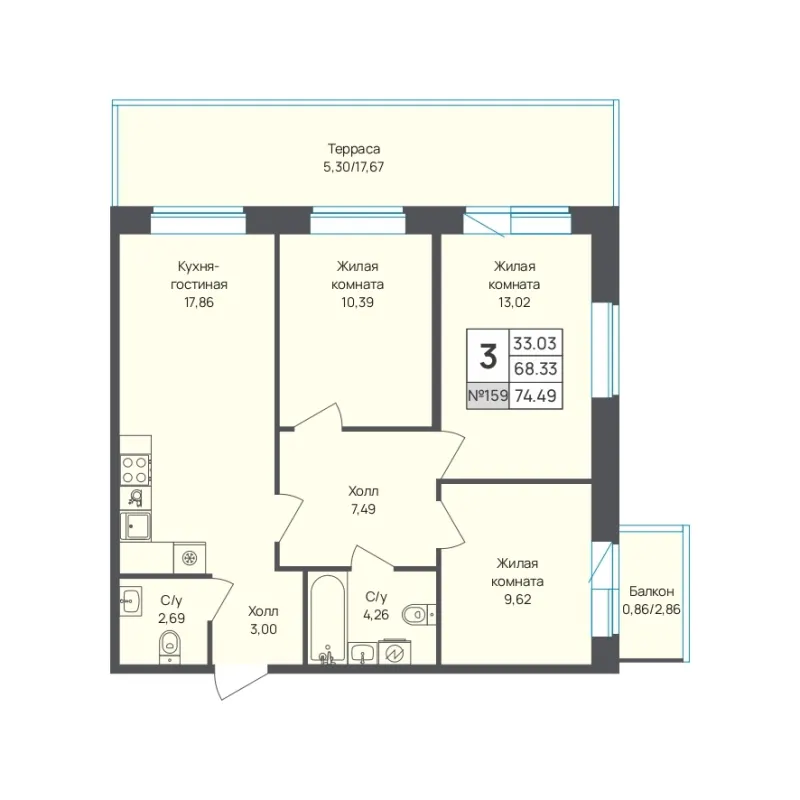 3-комн. 74.5 м²