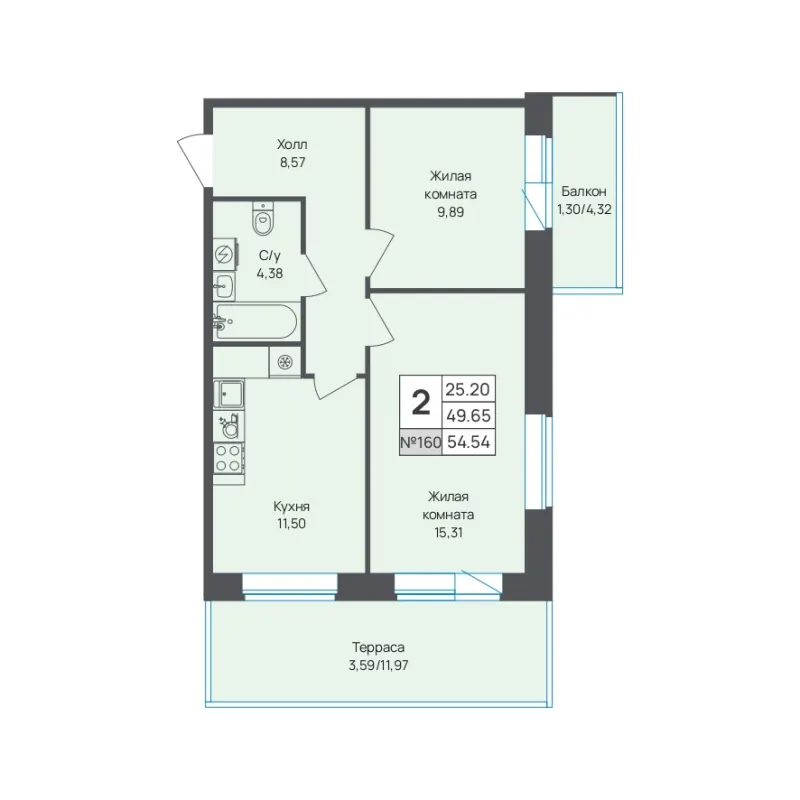 2-комн. 54.5 м²