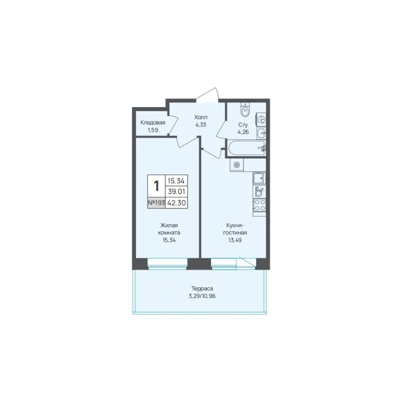 1-комн. 42.3 м²