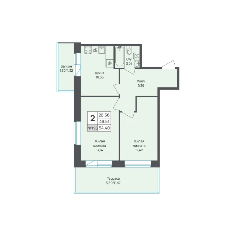 2-комн. 54.4 м²