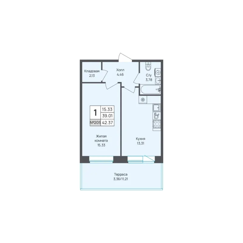 1-комн. 42.4 м²