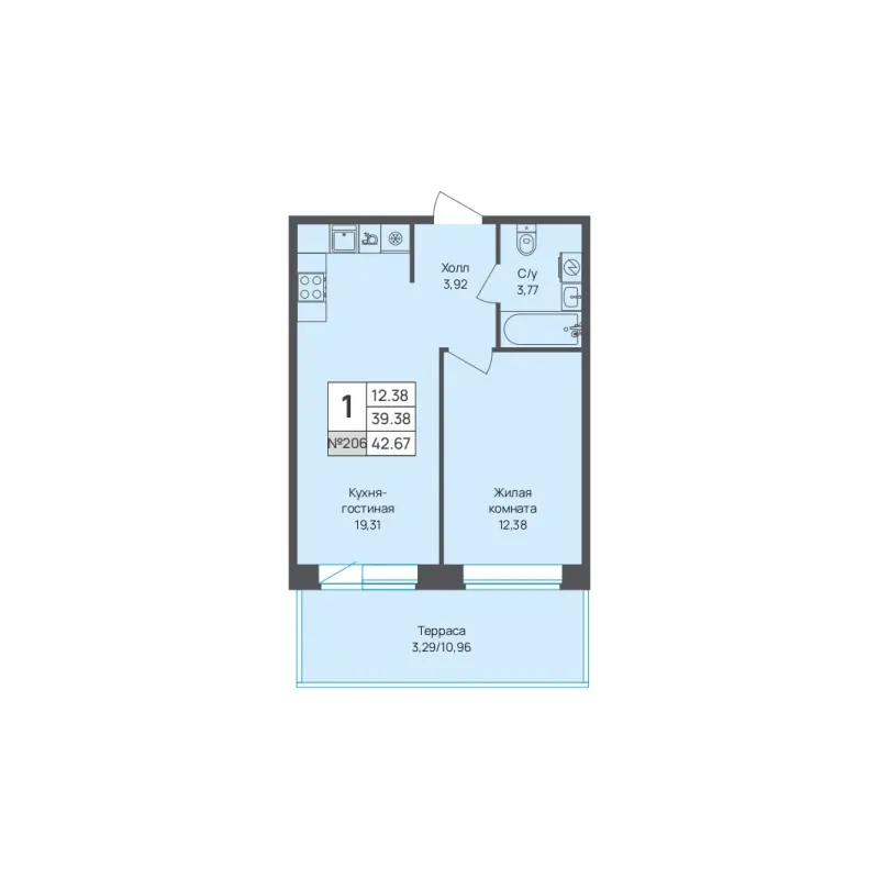 1-комн. 42.7 м²