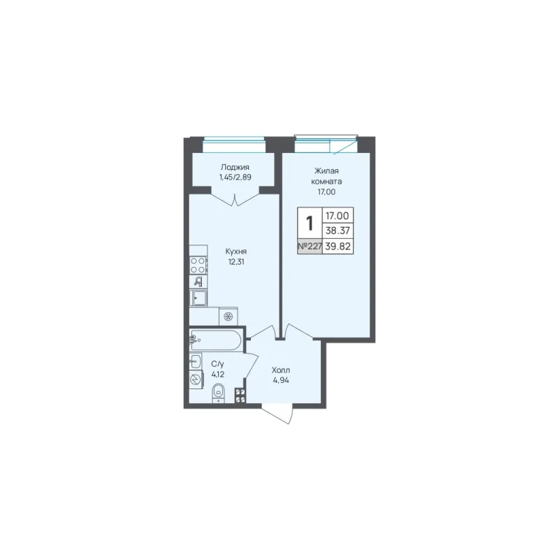 1-комн. 39.8 м²