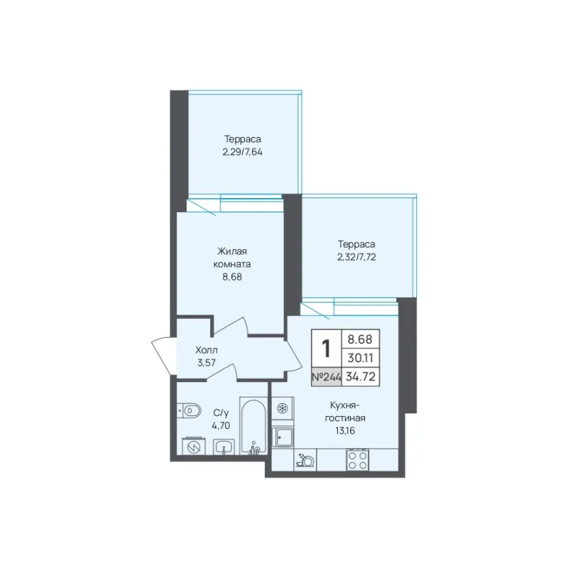 1-комн. 34.7 м²