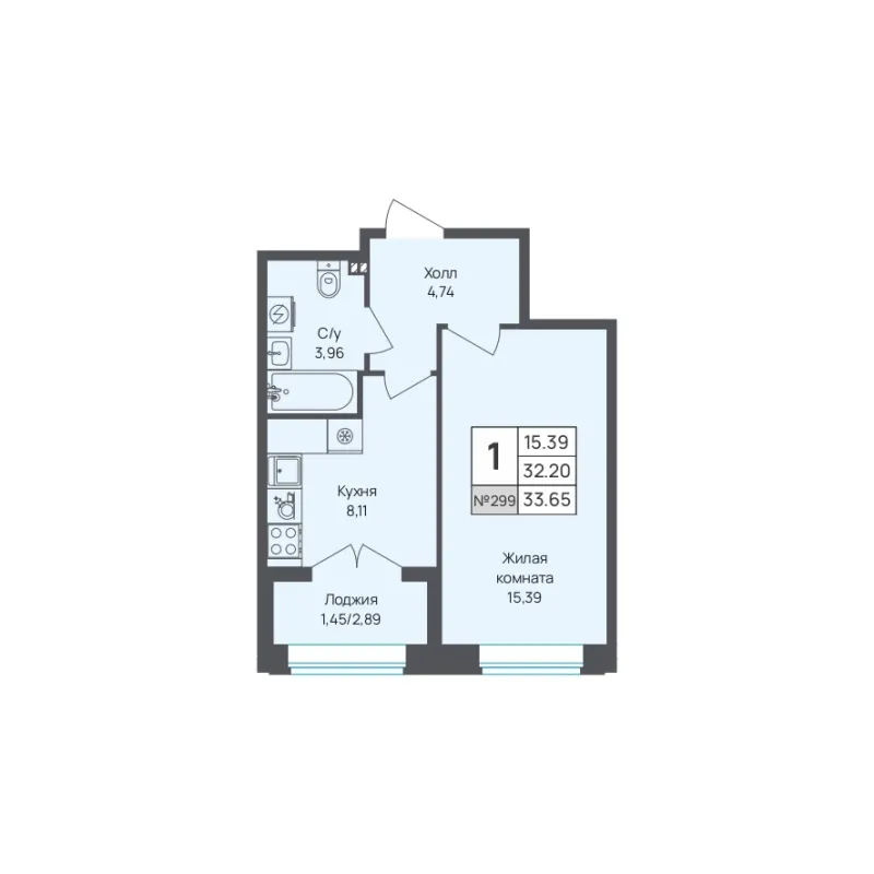 1-комн. 33.7 м²