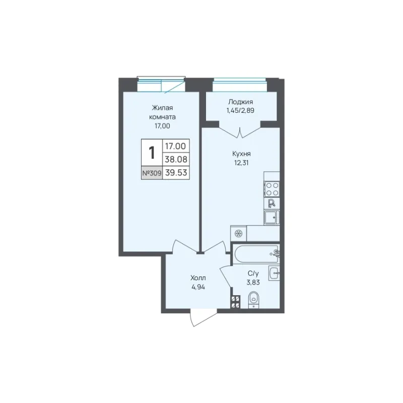 1-комн. 39.5 м²