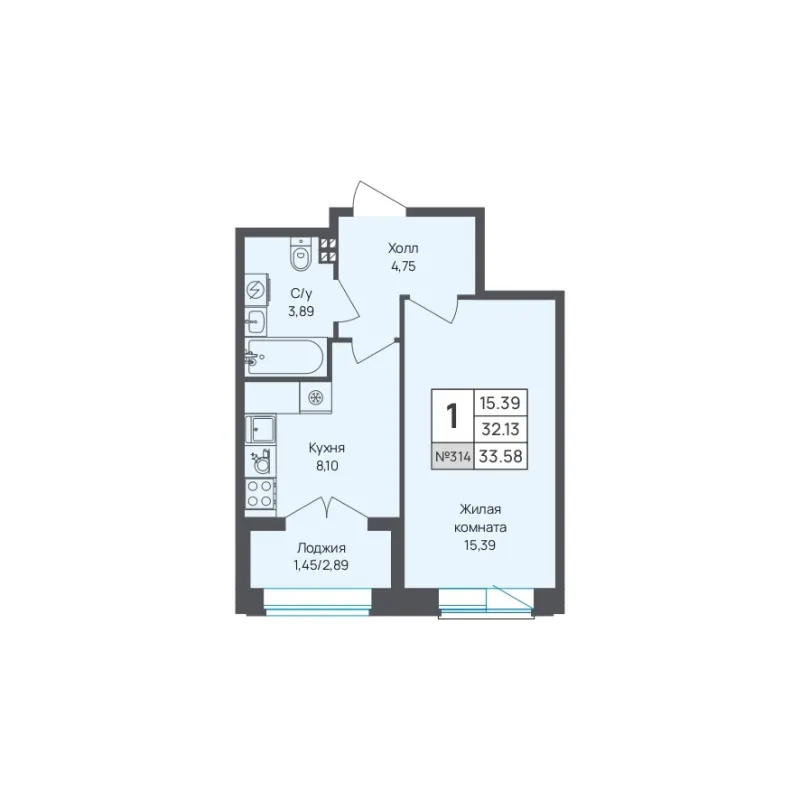 1-комн. 33.6 м²