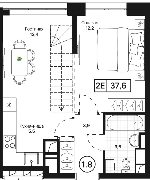 1-комн. 37.6 м²