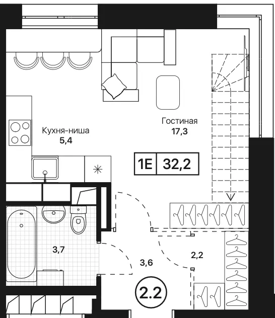 Студия 32.2 м²