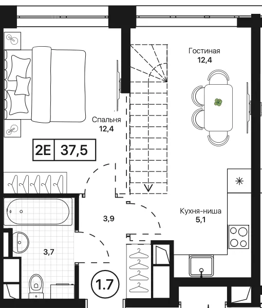 1-комн. 37.5 м²