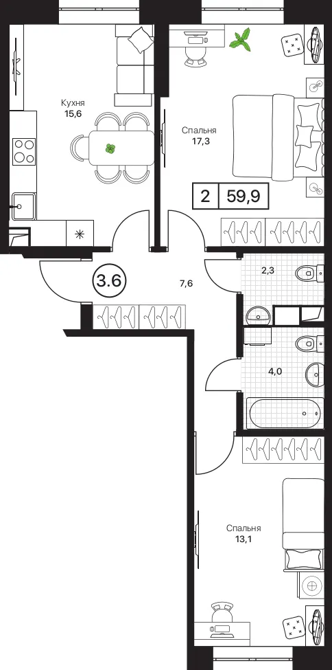 2-комн. 59.9 м²