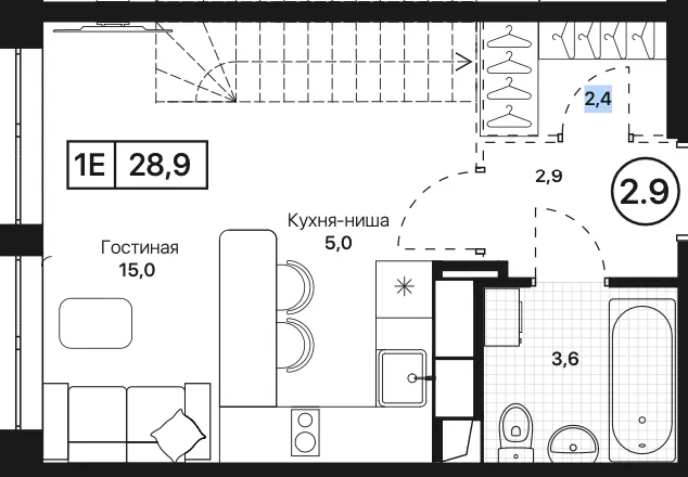 Студия 28.9 м²