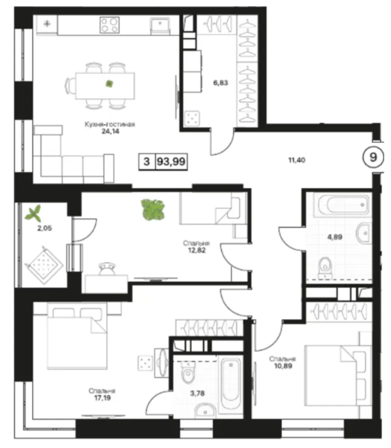 3-комн. 94 м²