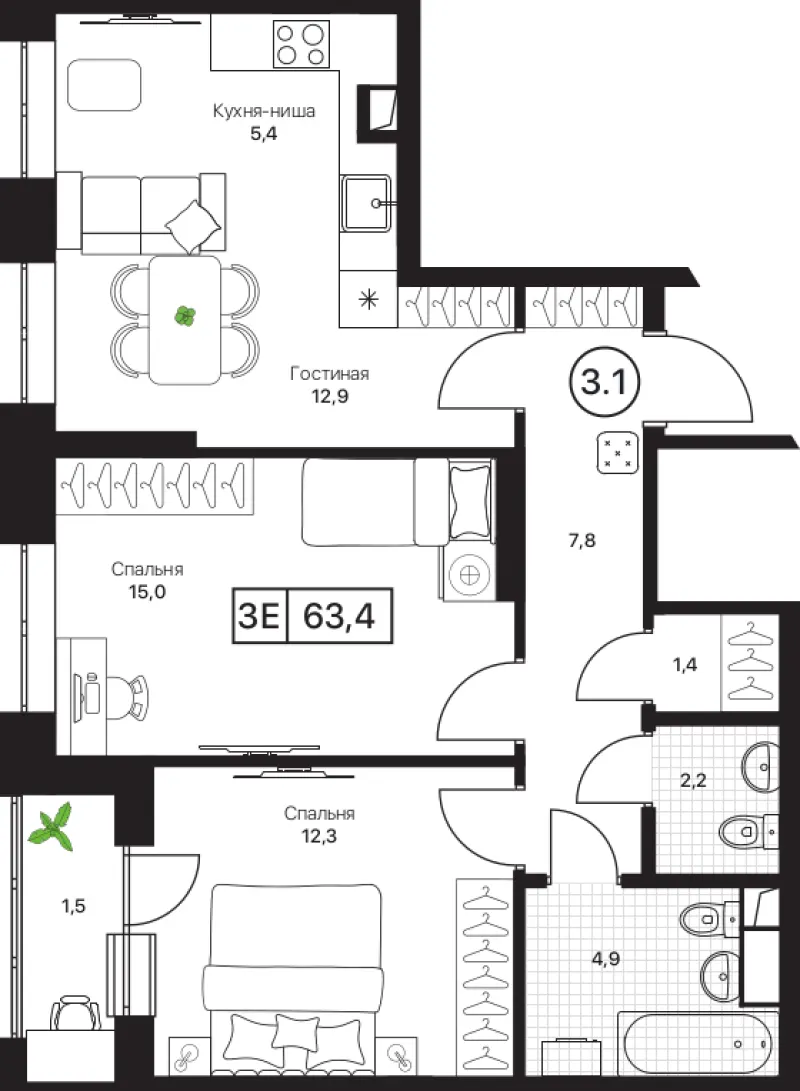 3-комн. 63.4 м²