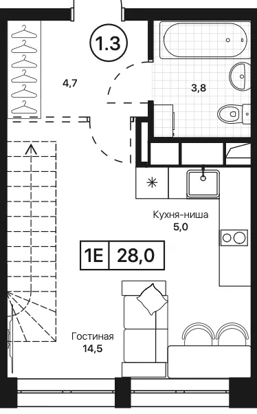 Студия 28 м²