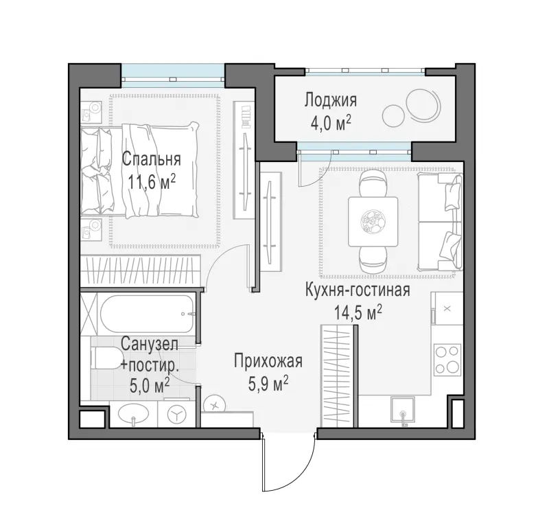 1-комн. 39 м²