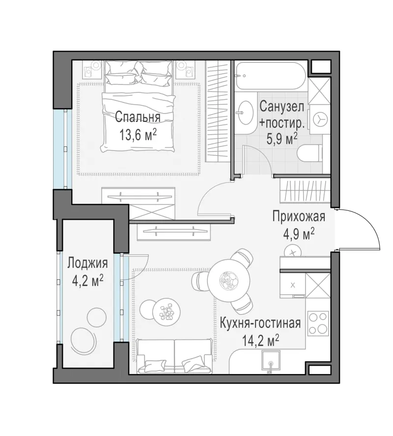 1-комн. 40.6 м²
