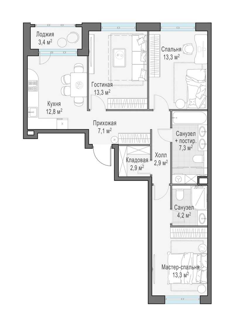 3-комн. 79 м²