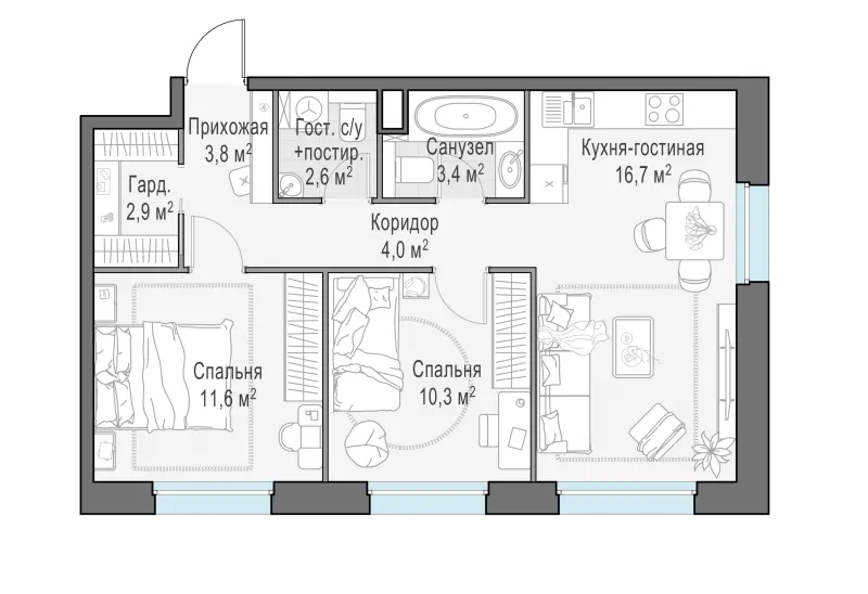 2-комн. 57.9 м²