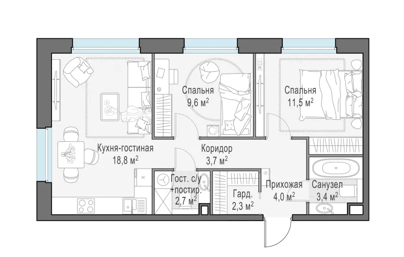 2-комн. 56 м²