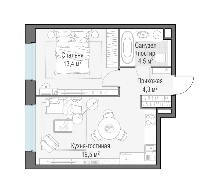 1-комн. 43.5 м²