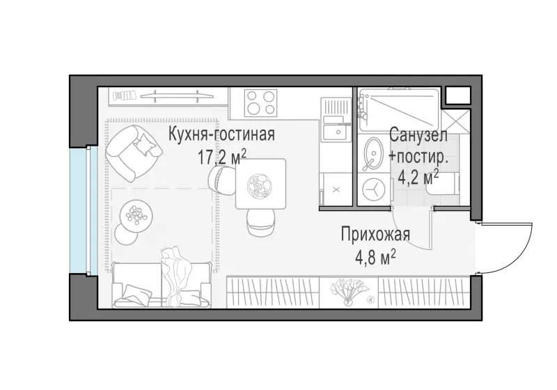 Студия 26.1 м²