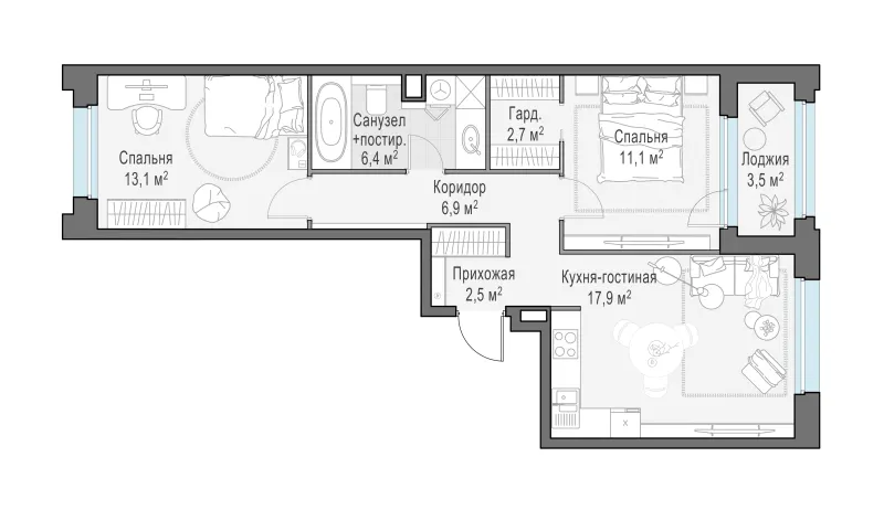 2-комн. 62.6 м²