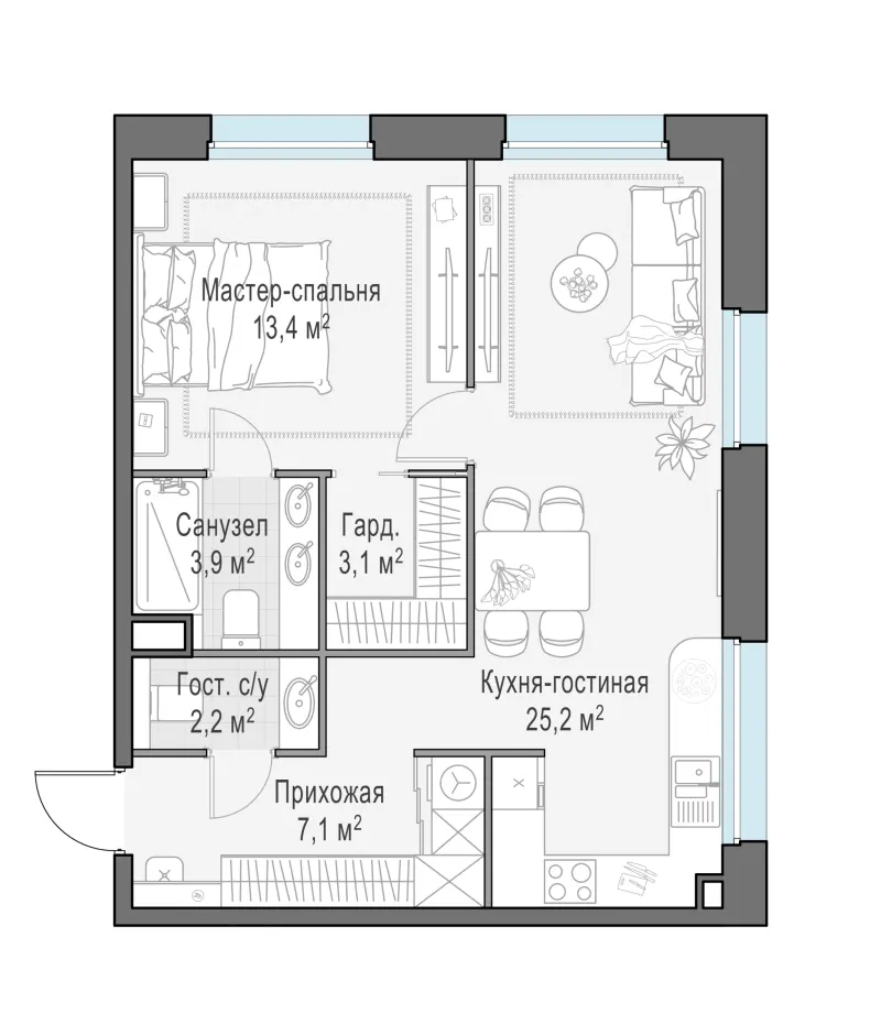 2-комн. 55 м²