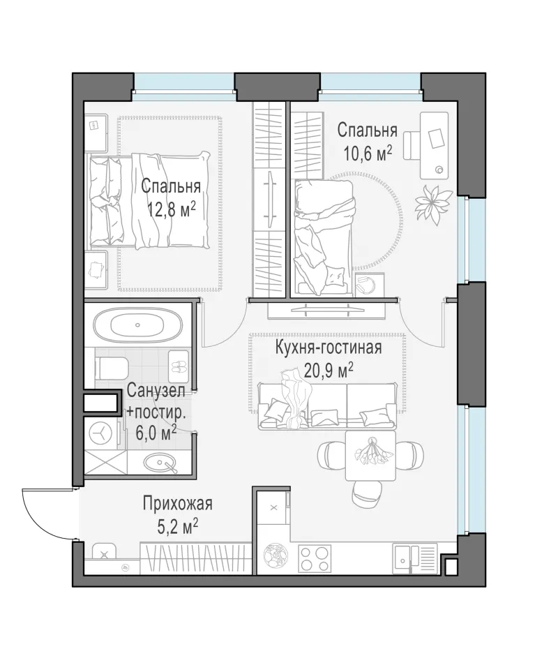 2-комн. 55 м²