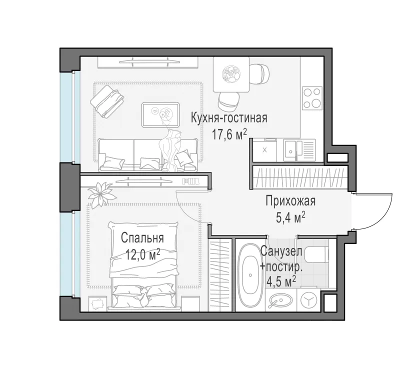 1-комн. 39.5 м²