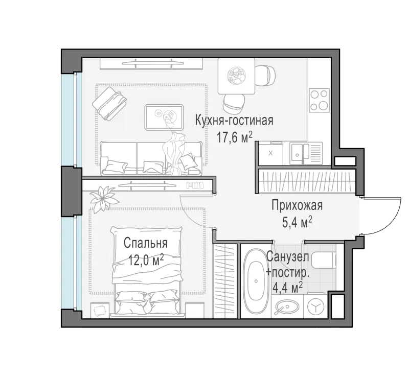 1-комн. 39.4 м²