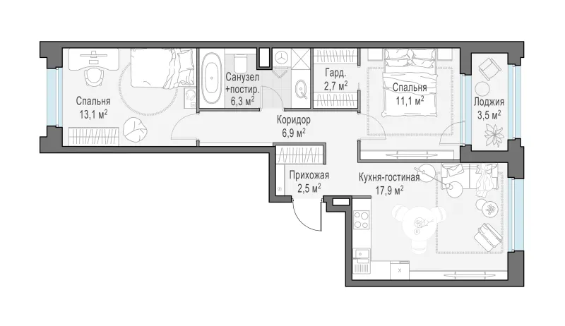 2-комн. 62.6 м²