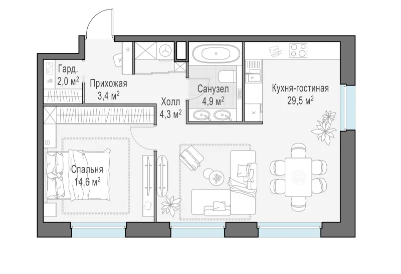 2-комн. 57.9 м²