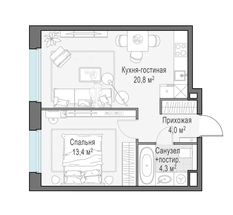 1-комн. 42.3 м²