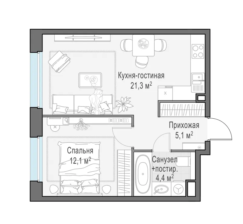 1-комн. 42.7 м²