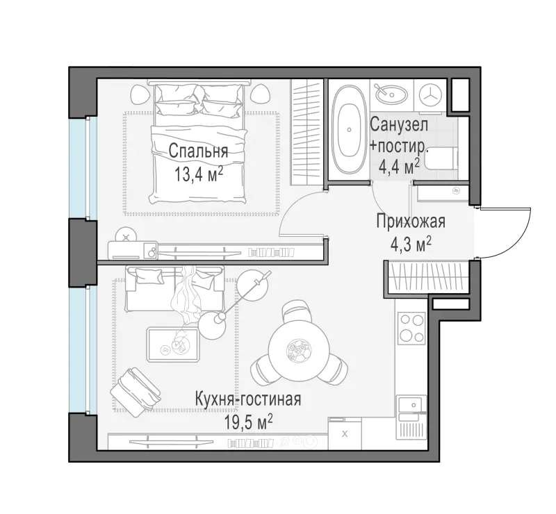 1-комн. 43.4 м²