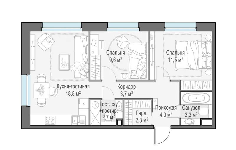 2-комн. 56 м²