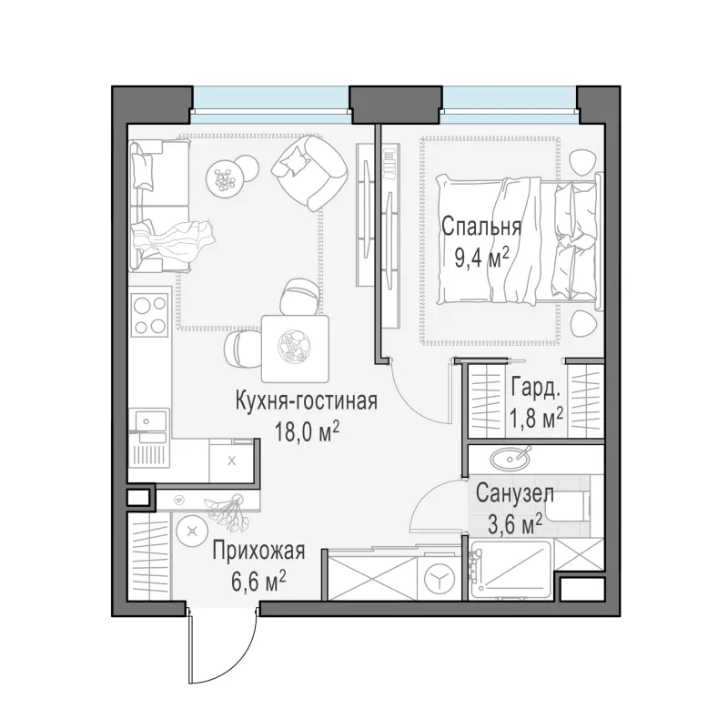 1-комн. 39.3 м²