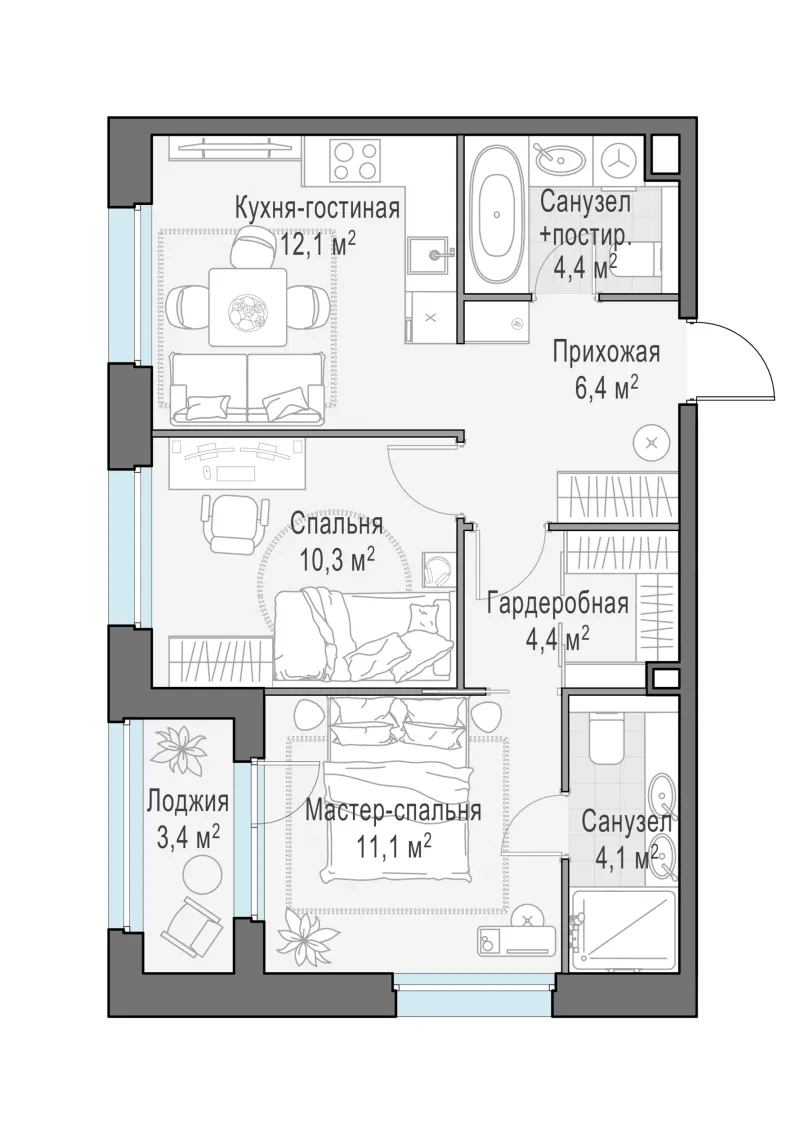 2-комн. 54.3 м²