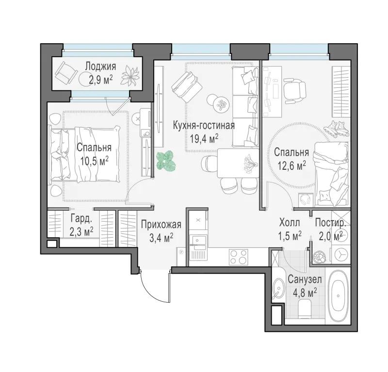 2-комн. 58 м²