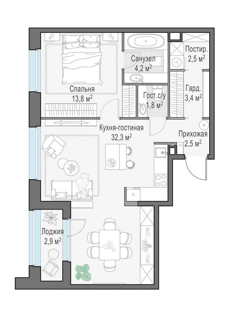 2-комн. 62.4 м²