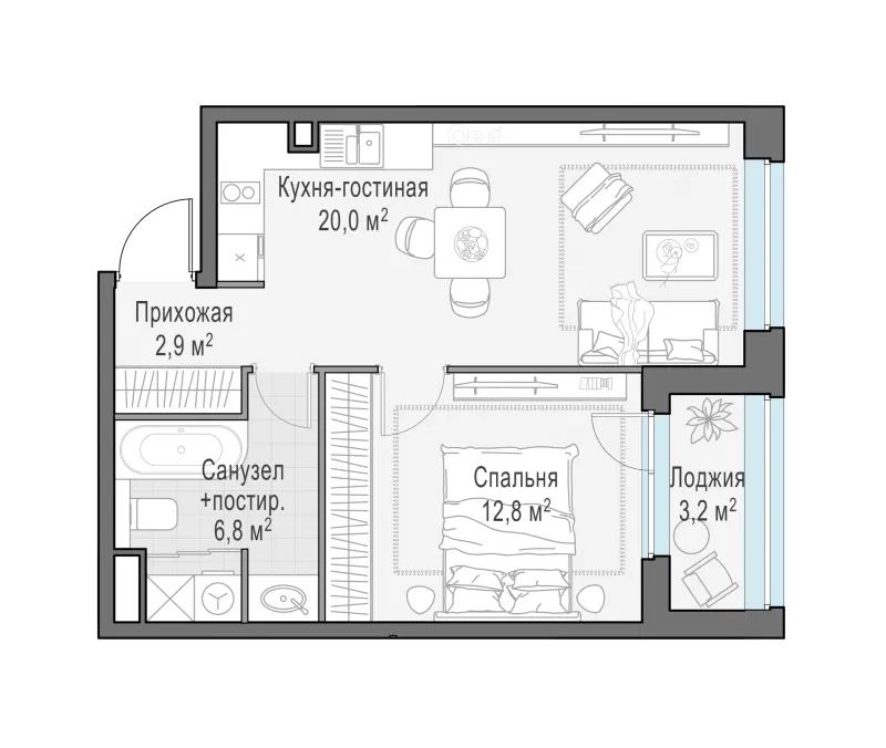 1-комн. 43.8 м²