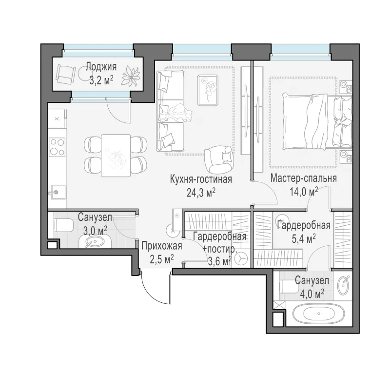2-комн. 58 м²