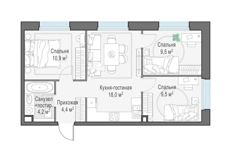 2-комн. 56.1 м²