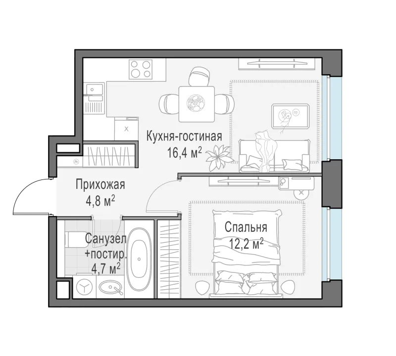 1-комн. 38 м²