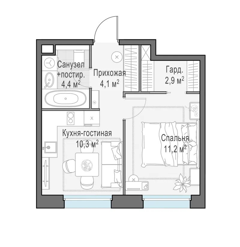 1-комн. 33.1 м²